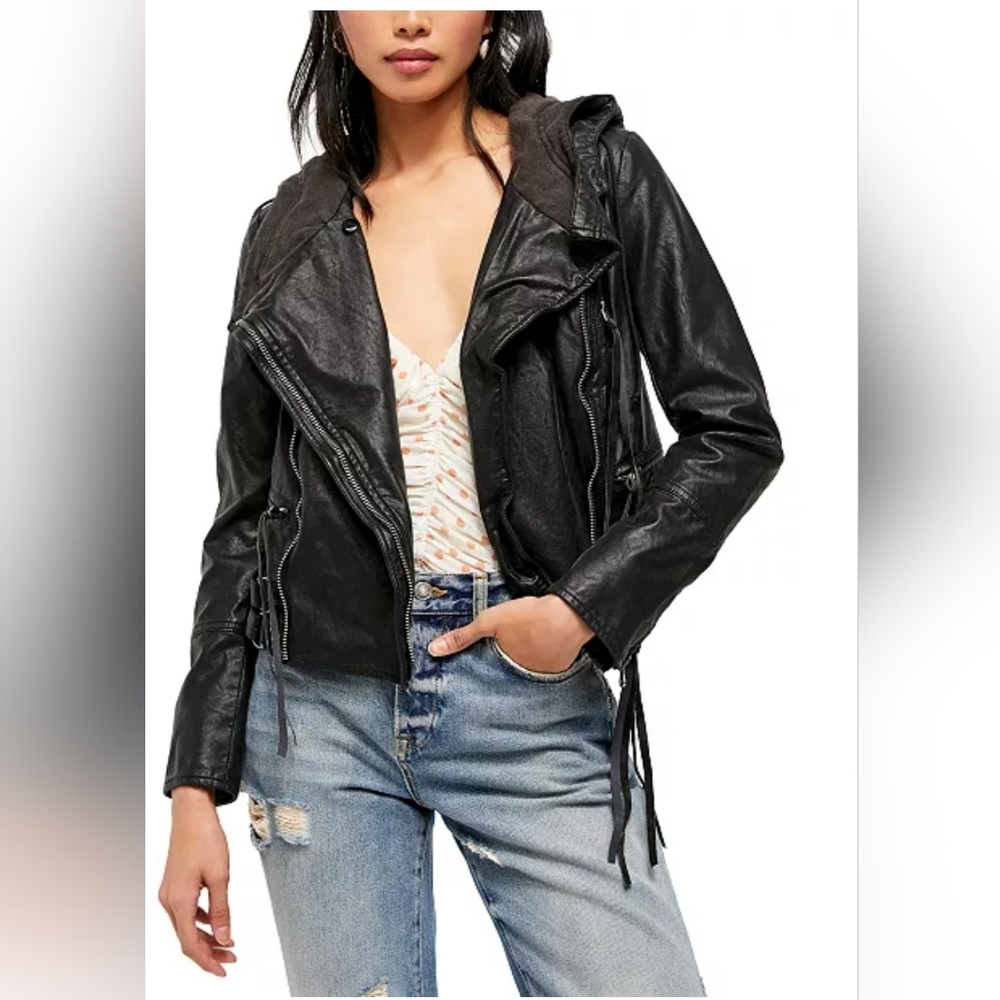 ALL SAINTS Cleo Black Hooded Leather Jacket